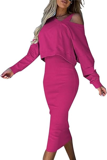 CM | Conjunto de jersey suelto con cuello de pico y falda de punto con corte entallado en las caderas