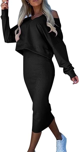 CM | Conjunto de jersey suelto con cuello de pico y falda de punto con corte entallado en las caderas