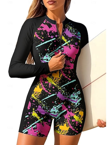 Regular Rash Guard One Piece Surfing Suit Bathing Suit Abstract Color-blocking Zip Up With Built in Bra Removable Pad Uv Sun Protection Upf50+ Ultra Light (ul) Long Sleeve Swimwear Sun Shirt