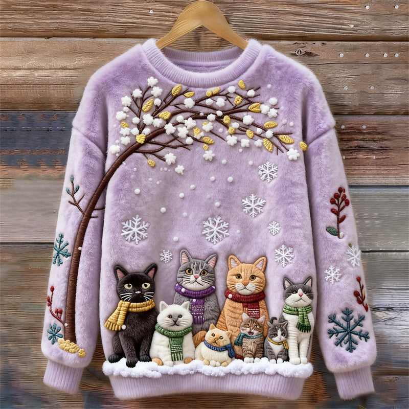 Jersey de algodón con gatos bajo un árbol nevado con bufandas