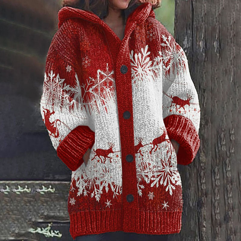 Women's Vintage Christmas Snowflake And Elk Print Cardigan Sweater artswardrobe