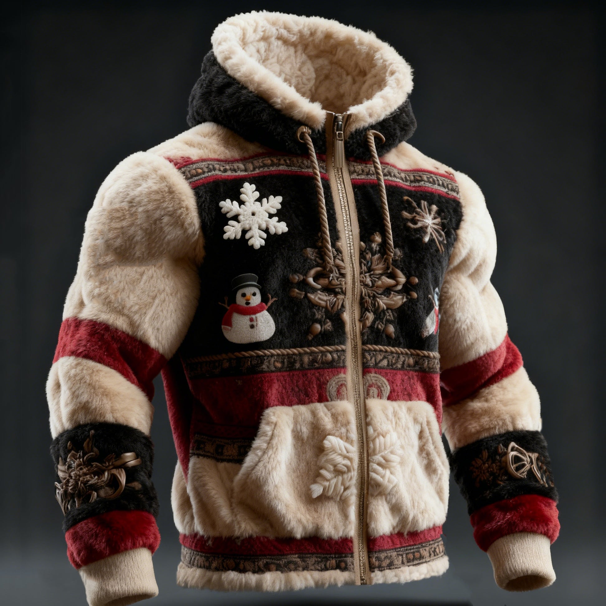 Comstylish Men's Christmas Snowflake Snowman Plush Zip Hoodie