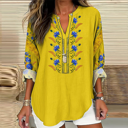 Comstylish Women's Ukraine Embroidered Flower V-neck Linen Blend Blouse