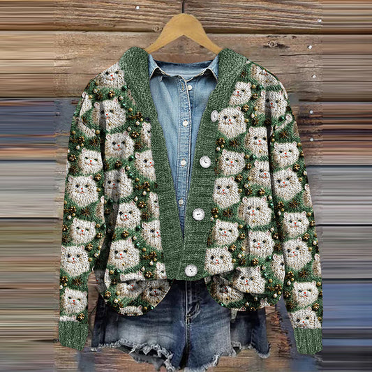Christmas Tree Cat Print Long Sleeve Knitted Cardigan elevenforest