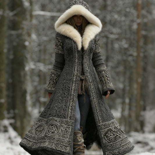 Comstylish Women's Viking Celtic Knot Knitted Jacquard Cozy Fur Trim Hooded Cardigan