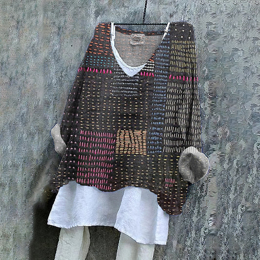 Comstylish Women's Japanese Style Stitch Art Pattern Vintage Linen Shirt