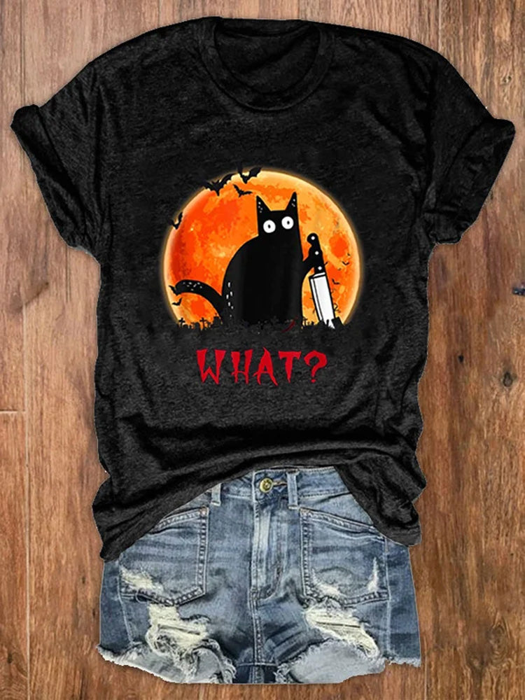 Women's Halloween Fun Black Cat Print Crew Neck T-Shirt elevenforest
