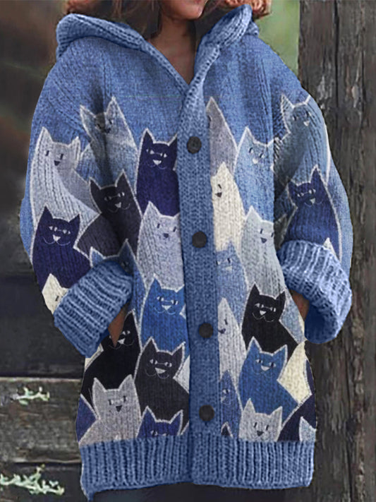 Crowded Cats Denim Patchwork Art Cozy Knit Hooded Cardigan elevenforest