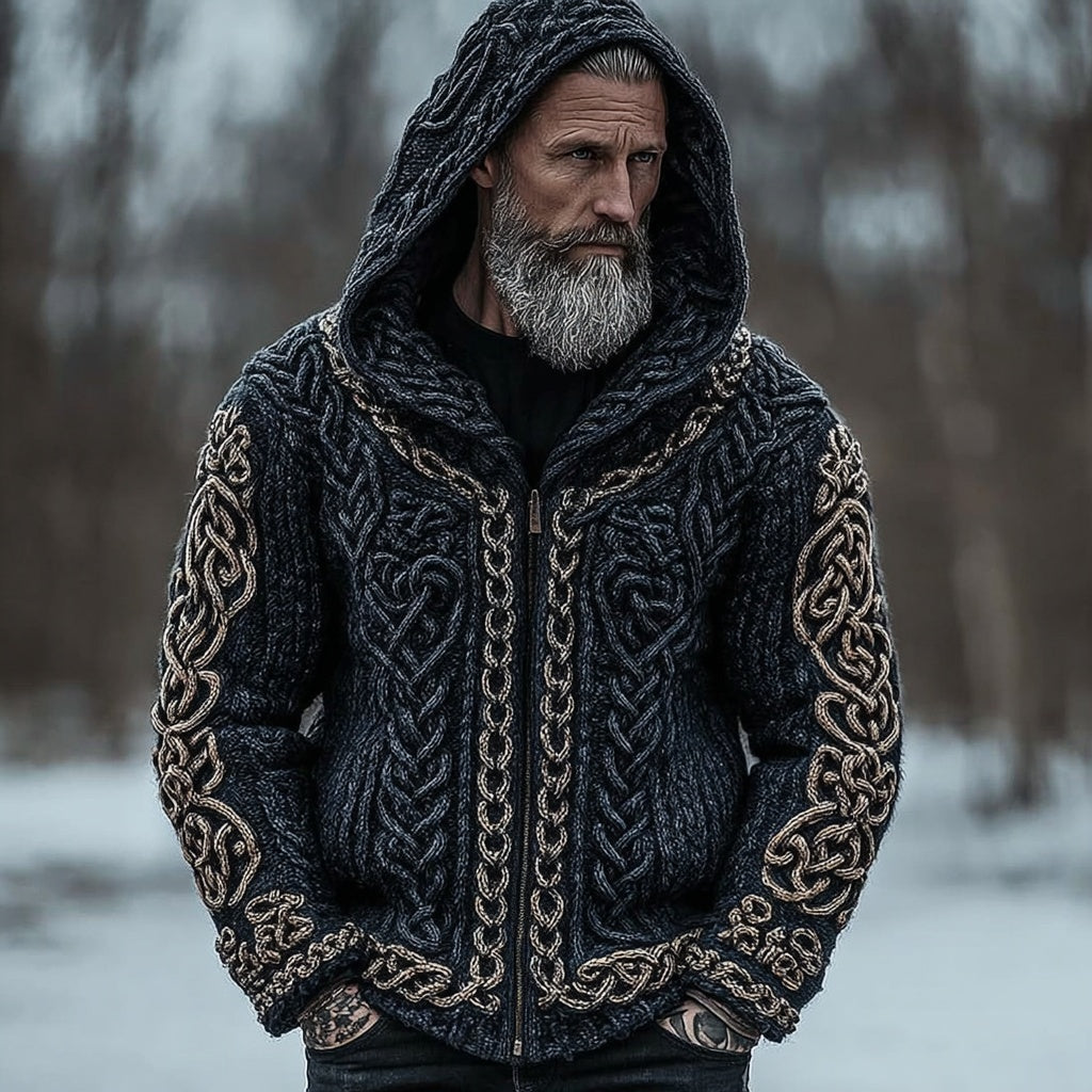 Men's Viking Inspired Celtic Zip Up Chunky Hooded Cardigan artswardrobe