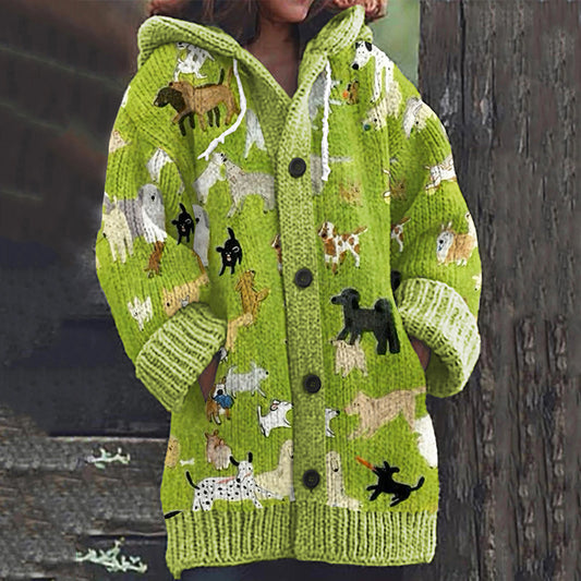 Comstylish Dog Print Knitted Hooded Cardigan