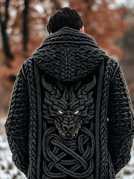 Men's Viking Inspired Celtic Dragon Chunky Sweater Cardigan artswardrobe