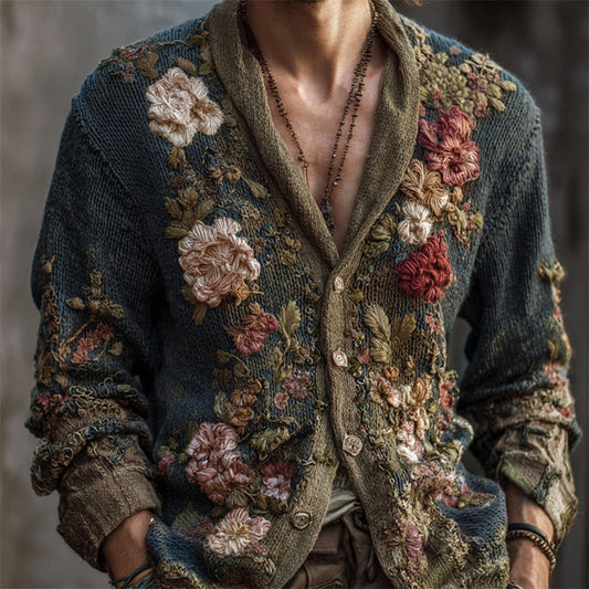 Men's Vintage Floral Embroidered Gradient Comfy Knit Cardigan elevenforest