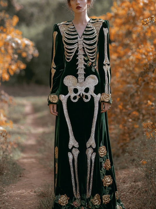 Comstylish Vintage Glitter Skeleton Roses Embroidered Cozy Maxi Velvet Dress