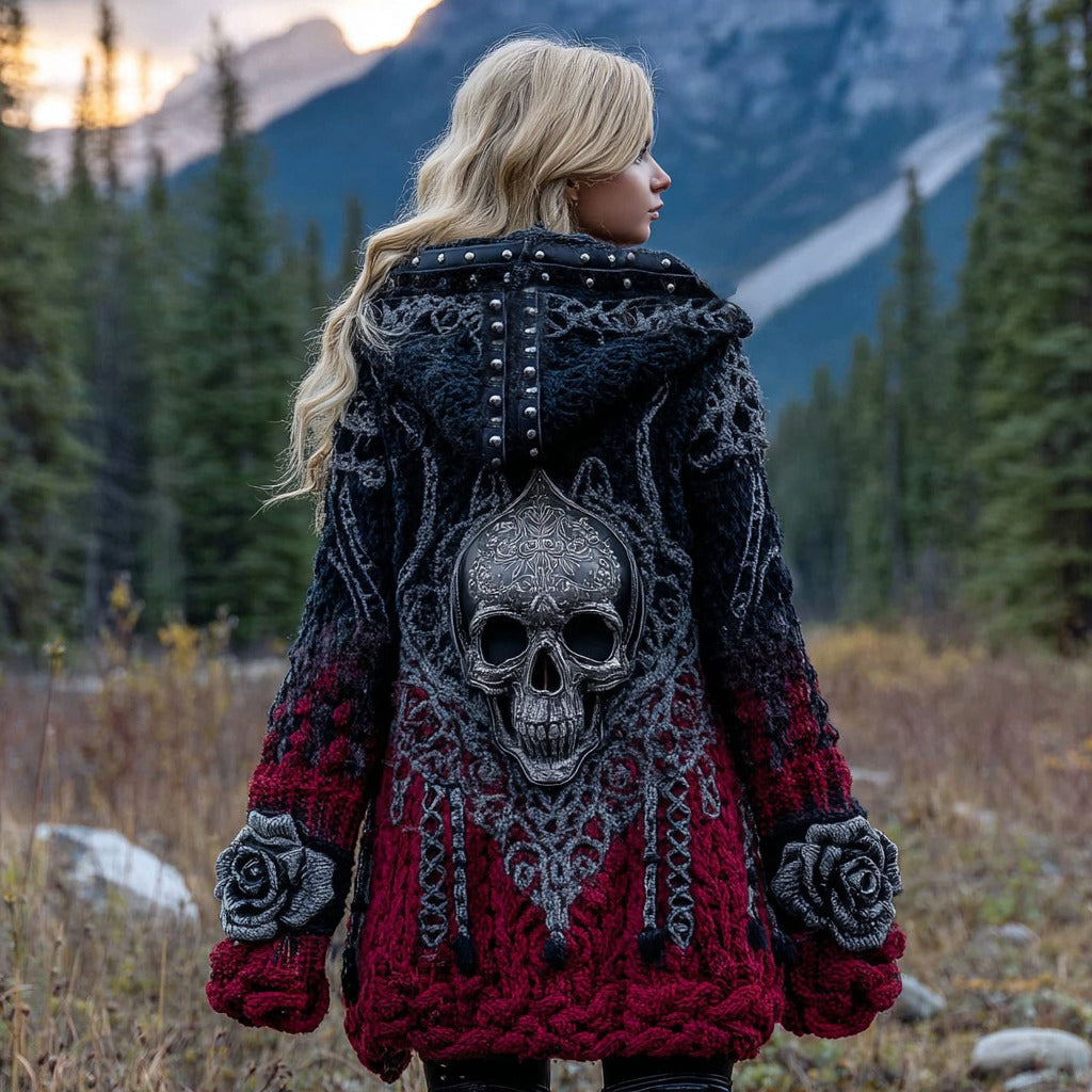 Women's Celtic Skull And Rose Inspired Knitted Cozy Midi Hooded Cardigan elevenforest
