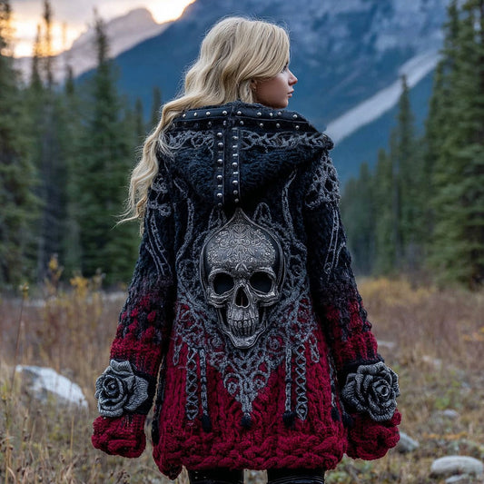 Women's Celtic Skull And Rose Inspired Knitted Cozy Midi Hooded Cardigan elevenforest