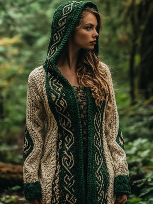 Women's Celtic Knot Design Contrast Color Cozy Knit Hooded Cardigan elevenforest