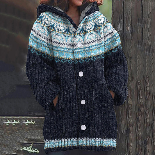 Icelandic Ethnic Print Knitted Hooded Cardigan elevenforest