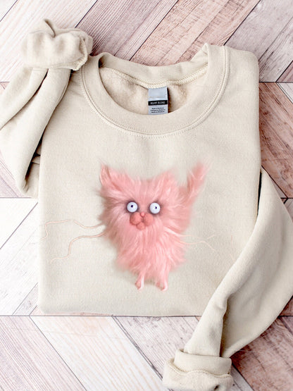 Funny Fuzzy Cat Felt Art Comfy Sweatshirt elevenforest
