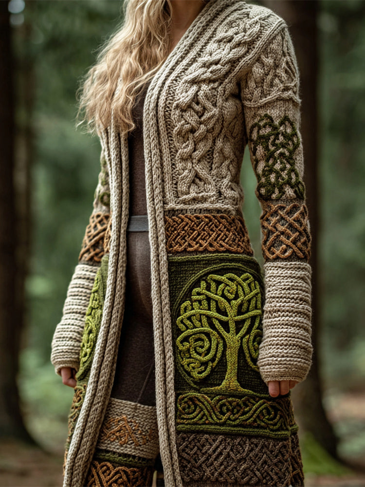 Viking Celtic Tree Art Women's Knitted Long Cardigan artswardrobe
