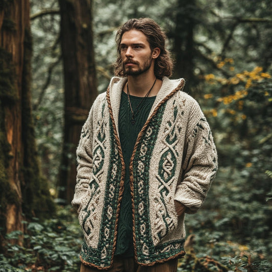 Men's Vintage Celtic Knot Knit Cozy Hooded Cardigan elevenforest