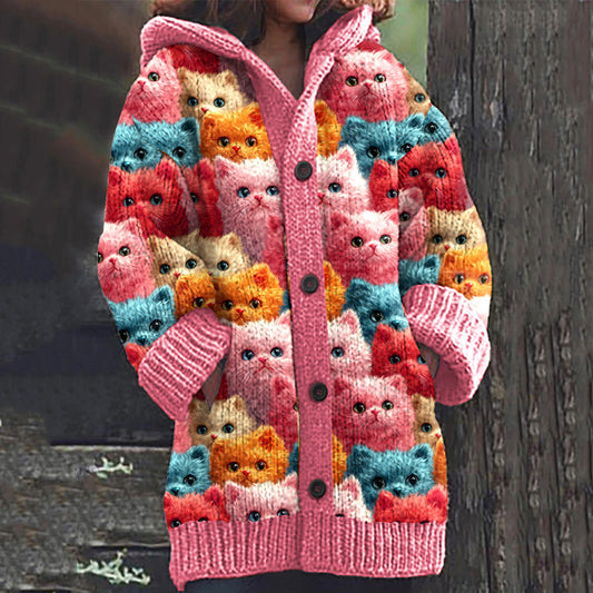 Vintage Cute Cat Family Art Women's Sweater Hooded Cardigan elevenforest