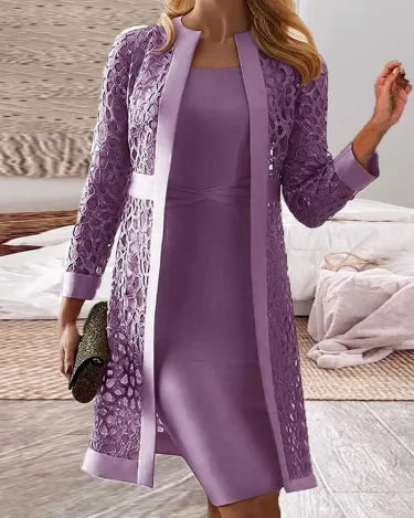 KS | Conjunto de dos piezas - vestido con cárdigan de encaje para mujer