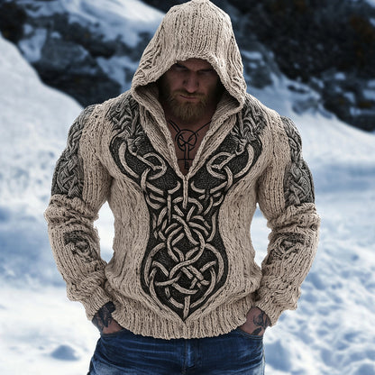 Retro Viking Celtic Jacquard Chunky Hooded Sweater elevenforest