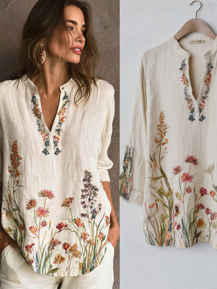 Comstylish Bohemian Style Plant And Flower Elements Cotton And Linen Material Women's Shirt