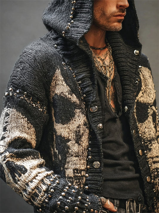 Men's Rock Style Skulls Studded Knit Hooded Cardigan elevenforest