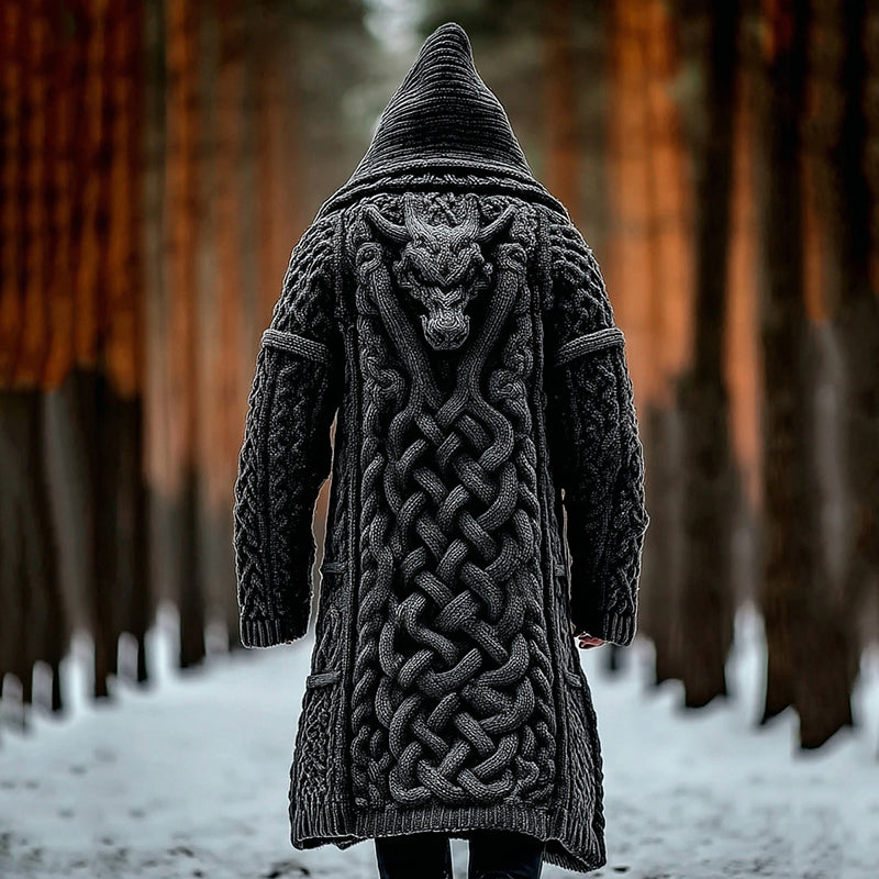 Men's Viking Dragon Head Intricate Celtic Knot Pocket Mid Length Cardigan Sweater artswardrobe