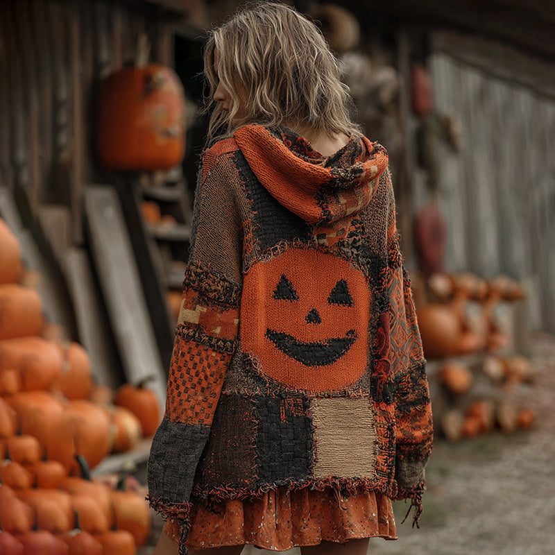 Patchwork Halloween Pumpkin Face Art  Cozy Knit Hooded Cardigan elevenforest