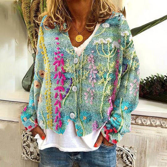 Vintage Floral Print V-Neck Long Sleeved Knitted Cardigan elevenforest
