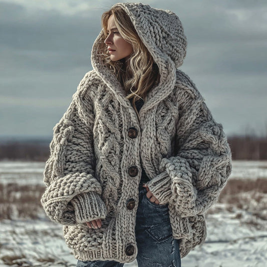 Women's Fair Isle Chunky Knit Warm Button-down Hooded Cardigan elevenforest