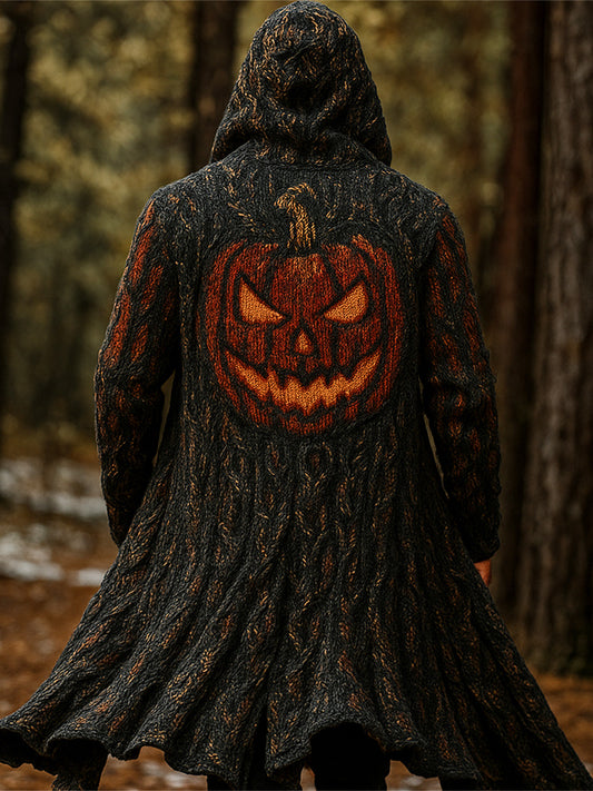 Halloween Pumpkin Lights Men's Chunky Knit Hooded Long Cardigan elevenforest