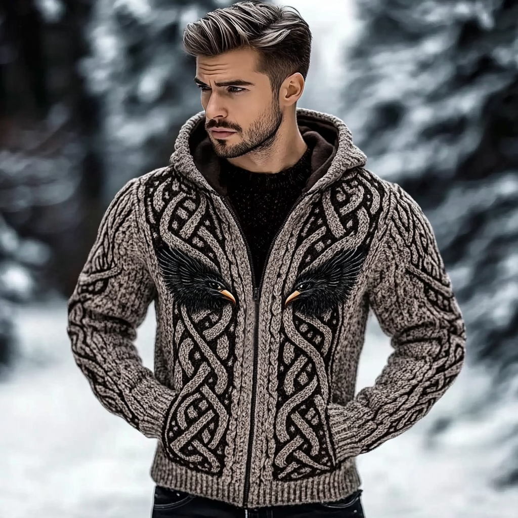 Men's Viking Raven Jacquard Celtic Chunky Knit Zipper Cardigann elevenforest