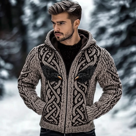 Men's Viking Raven Jacquard Celtic Chunky Knit Zipper Cardigann elevenforest