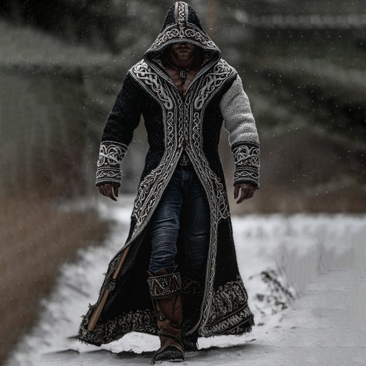 Men's Viking Style Celtic Knot Black And White Hooded Cardigan Long Sweater artswardrobe