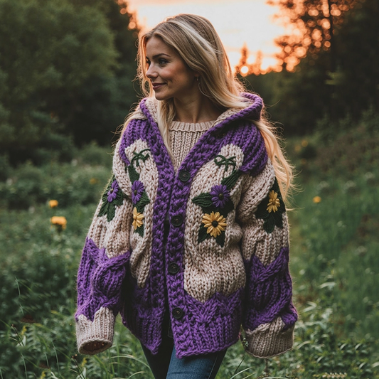 Women's Vintage Purple Flowers Gradient Chunky Knit Hooded Cardigan elevenforest