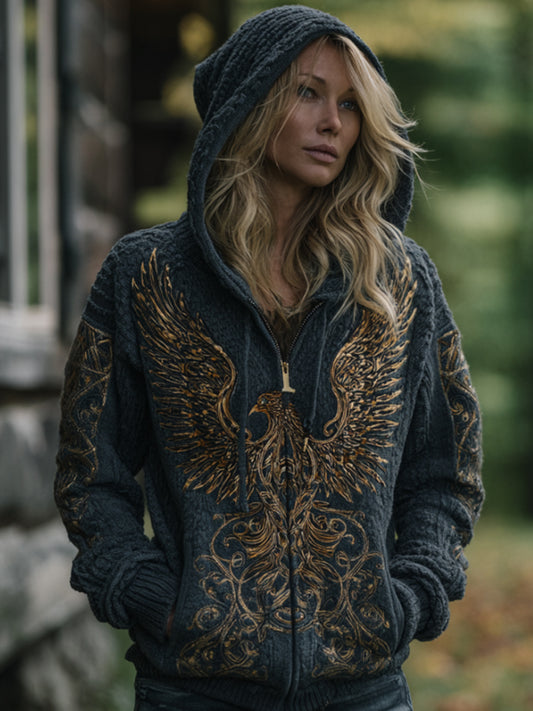 Women's Viking-style Phoenix Embroidery Vintage Hooded Cardigan Sweater elevenforest
