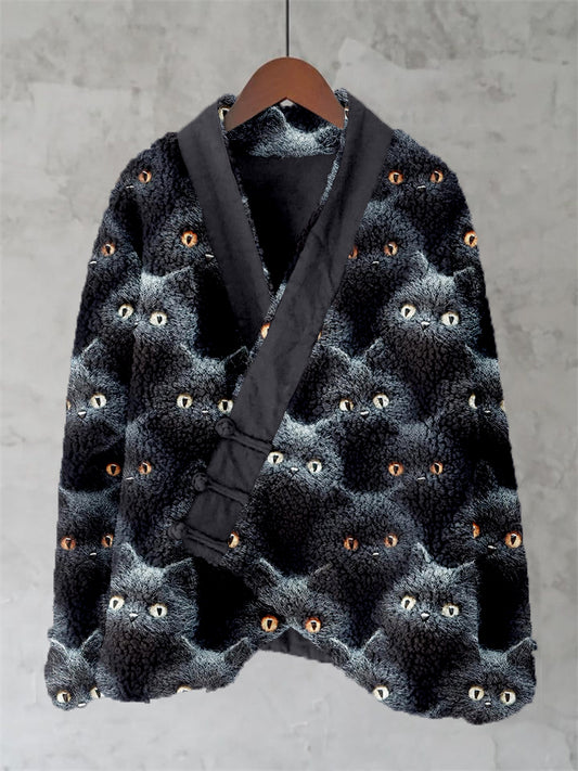 Cute Black Cats Felt Art Cozy Fleece Kimono Cardigan elevenforest