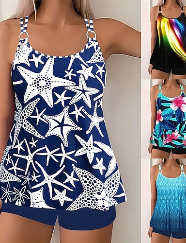 Swimwear 2 Piece Shorts Swimsuit Backless Vacation Beach Wear Graphic Round Neck Sleeveless Bathing Suits