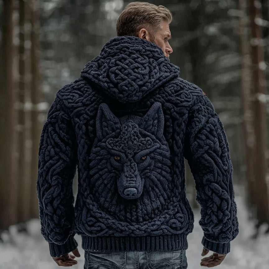 Men's Viking Wolf Totem Chunky Knit Hooded Cardigan artswardrobe