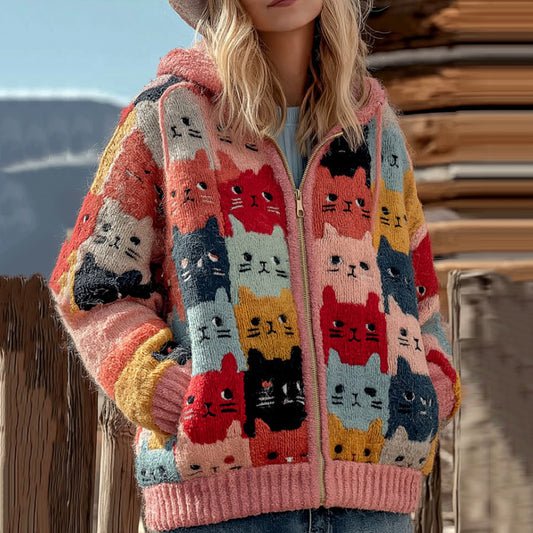 Comstylish Women's Colorful Cats Art Knit Zipper Cardigan Sweater