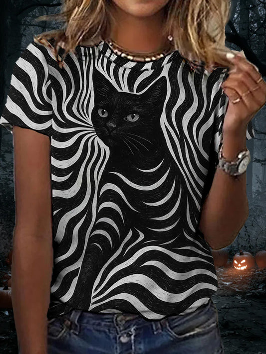 Women's Halloween Black Cat Stripes Print Casual Tee elevenforest