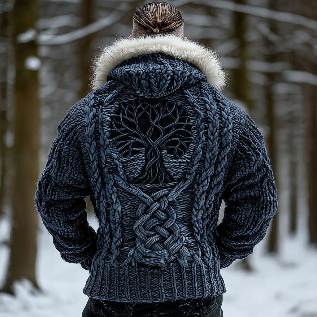 Men's Viking Tribal Tree Of Life Celtic Chunky Knit Fuzzy Hooded Zipper Cardigan artswardrobe