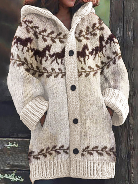 Vintage Running Horses Yoke Cozy Knit Hooded Cardigan elevenforest