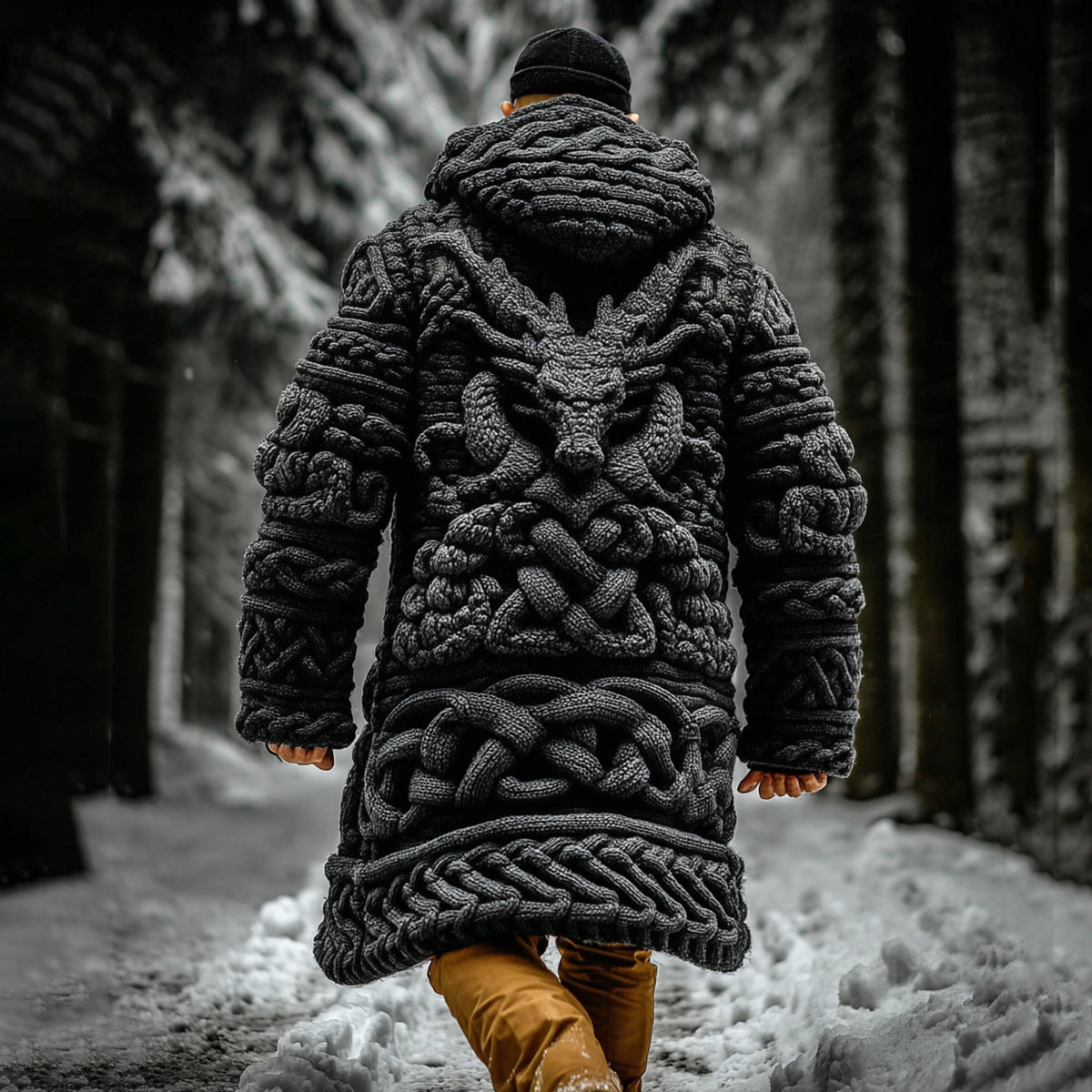 Men's Viking Intricate Dragon Head Celtic Knot Pocket Midi Cardigan Sweater artswardrobe