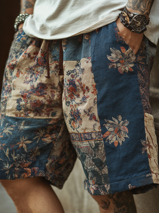 Western Bohemian Style Plant And Flower Pattern Retro Cotton And Linen Loose Men's Shorts artswardrobe