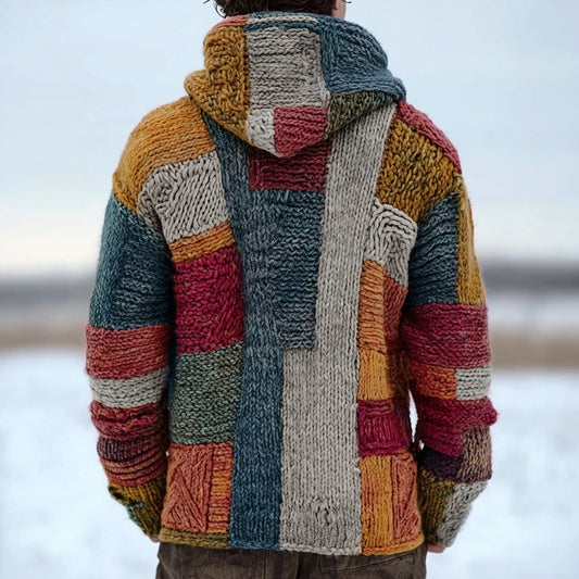 Men's Retro Geometric Patchwork Cozy Hooded Cardigan artswardrobe