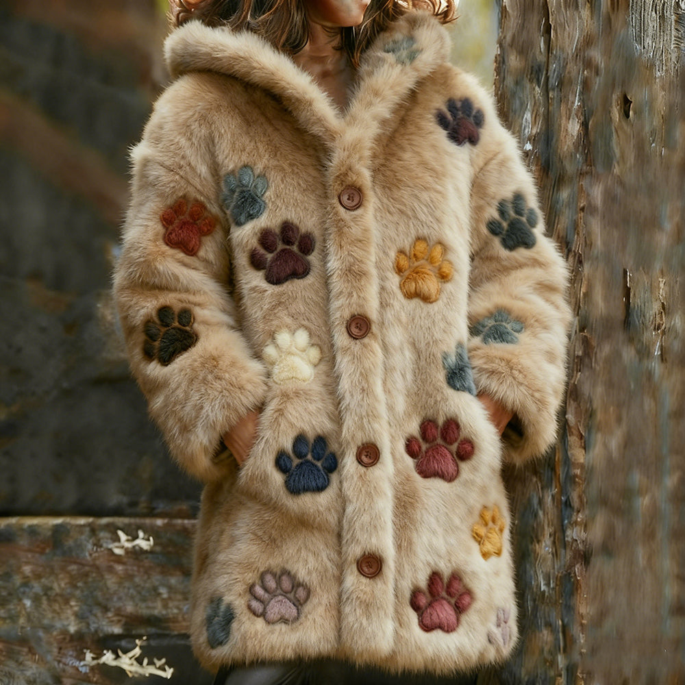 Multi-colored Cat Paw Print Flannel Hooded Long Cardigan